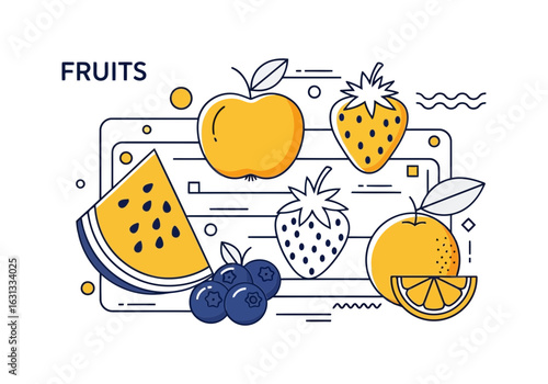 Vector art of assortment of colorful fruits including apple, strawberry, orange, blueberry, and watermelon, isolated on white background