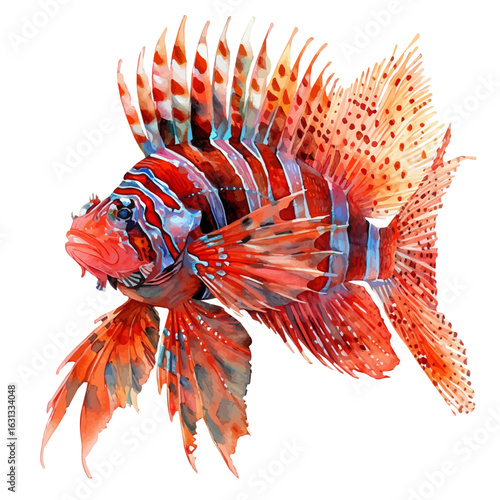 Lionfish, watercolor drawing vector, isolated on a white background.