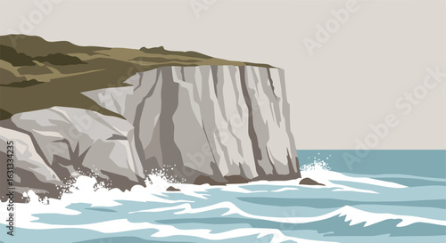 Waves crash on coastal cliffs as seen from the sea; could be used as background
