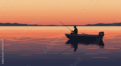 Angler fishing from boat in lake, sunset colors in the sky, distant mountains view