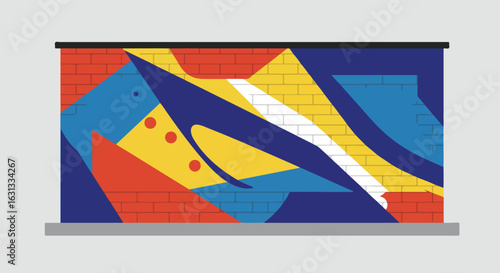 Colorful abstract mural decorates exterior brick wall against a light gray background