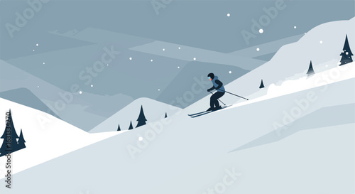Man Skiing Downhill In Mountains During Snowfall For Adverts or Sports Articles