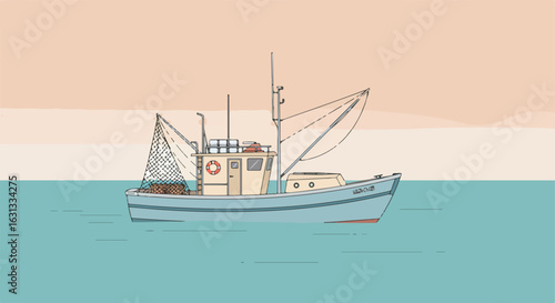 Fishing boat sailing on the ocean with a pastel colored background. For travel ads