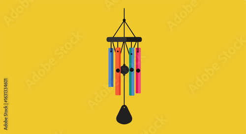 Hanging colorful wind chime. Isolated on yellow background. For relaxation art