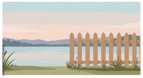 Peaceful lake scene Wooden fence overlooking water, mountains in the background