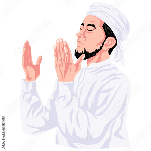 Muslim Man Praying Imam Wearing Turban Character Cartoon Illustration