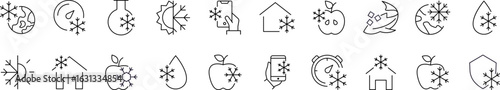 Frozen Line Icon Set. Apple, House, Timer, Shield with Snowflake Outline Signs for Graphic and Web Design, Apps, Adverts, Various Cards