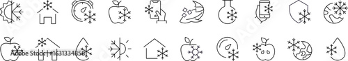 Frozen Line Icon Collection. Apple, House, Timer, Shield with Snowflake Outline Signs for Graphic and Web Design, Apps, Adverts, Various Cards