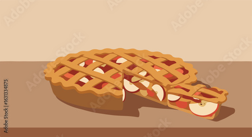 Apple pie with cut slice on a table, with blank wall background for food ads