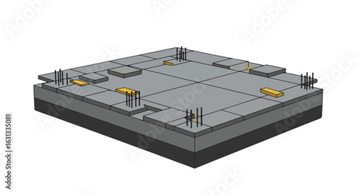 Concrete slab construction showing rebar reinforcement, footings, layer work