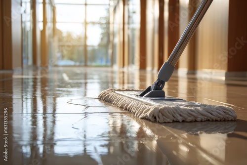 Wallpaper Mural Closeup view of a mop cleaning an office floor in a well-lit corridor during late afternoon preparations for a tidy workspace Torontodigital.ca