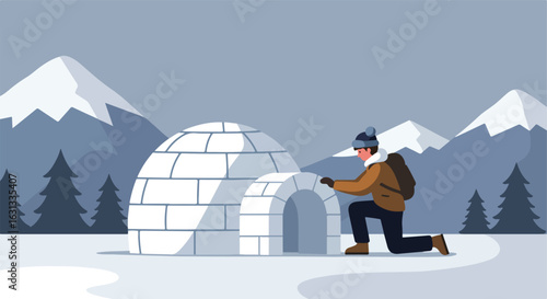 Building igloo, snow background; use  construction, housing, travel