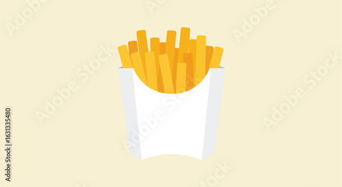 French fries in white paper container against a beige background for menu use
