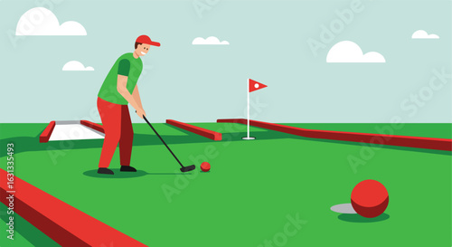 Person swings golf club on mini golf course with clouds in sky; use for recreation