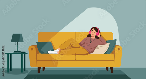 Woman listens to music lying on sofa in living room with lamp in background