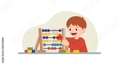 Kid using abacus at a desk, learning math skills, with building blocks there
