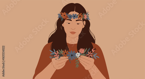 Boho woman holds blooms, wearing flower crown on tan background, beauty concept