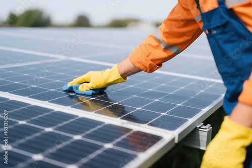 Cropped picture of worker cleaning solar panels
