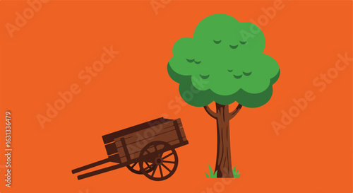 Cart near tree isolated on orange background, for farming, gardening designs
