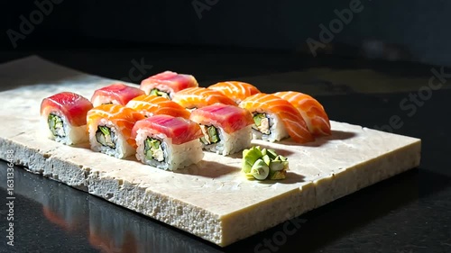 Assorted sushi rolls elegantly arranged on a stone plate with wasabi, showcasing vibrant colors