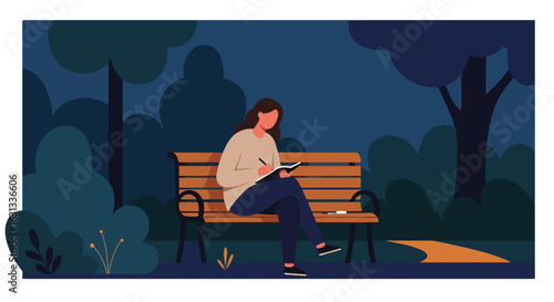 Woman writes on a park bench at night with dark trees and a walking path background