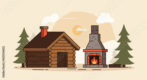 Cabin with fireplace. Sunset view. For tourism posters, web articles, travel blogs