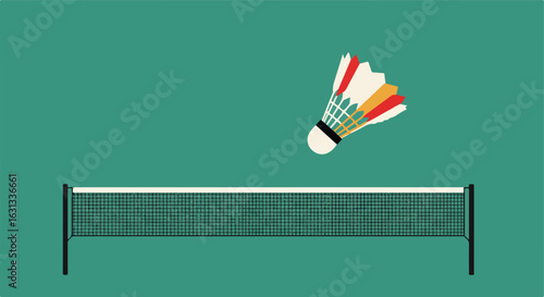 Badminton birdie flying over a net on green, promoting sport equipment sales