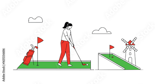 Woman putting golf ball during miniature golf with windmill background for fun