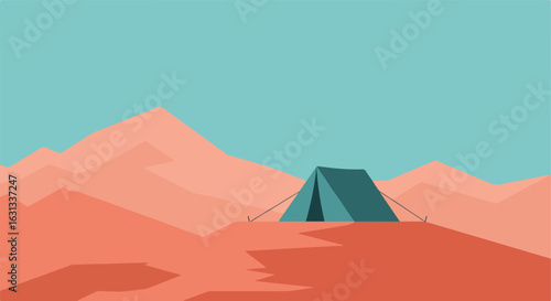 Camping tent setup in desert mountains, for travel ads or adventure blogs