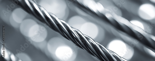 Twisted metal wires illuminated by soft bokeh light in a manufacturing setting at twilight