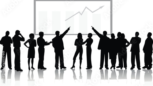Silhouette of business people looking at a graph with an upward trend on a white board display