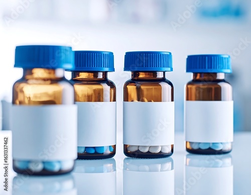 Four amber glass pill bottles with blank white labels and blue caps sit on a reflective surface