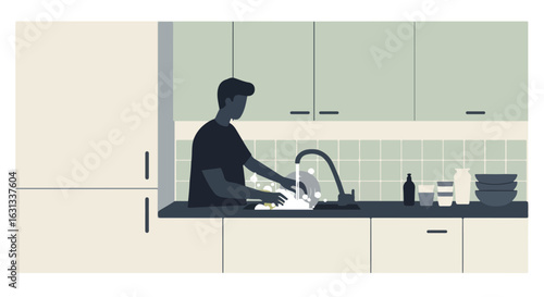 Man washing dishes in kitchen, cleaning dishes. Home kitchen cabinets & fridge
