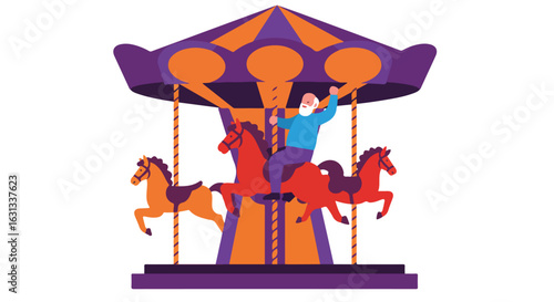 Happy Senior Man Riding Carousel Horse at Amusement Park. Fun background