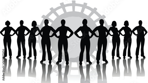 Silhouette of a diverse group of people standing in front of a gear with their hands on their hips