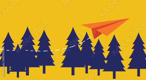 Paper airplane flies over forest, representing travel route; travel concept