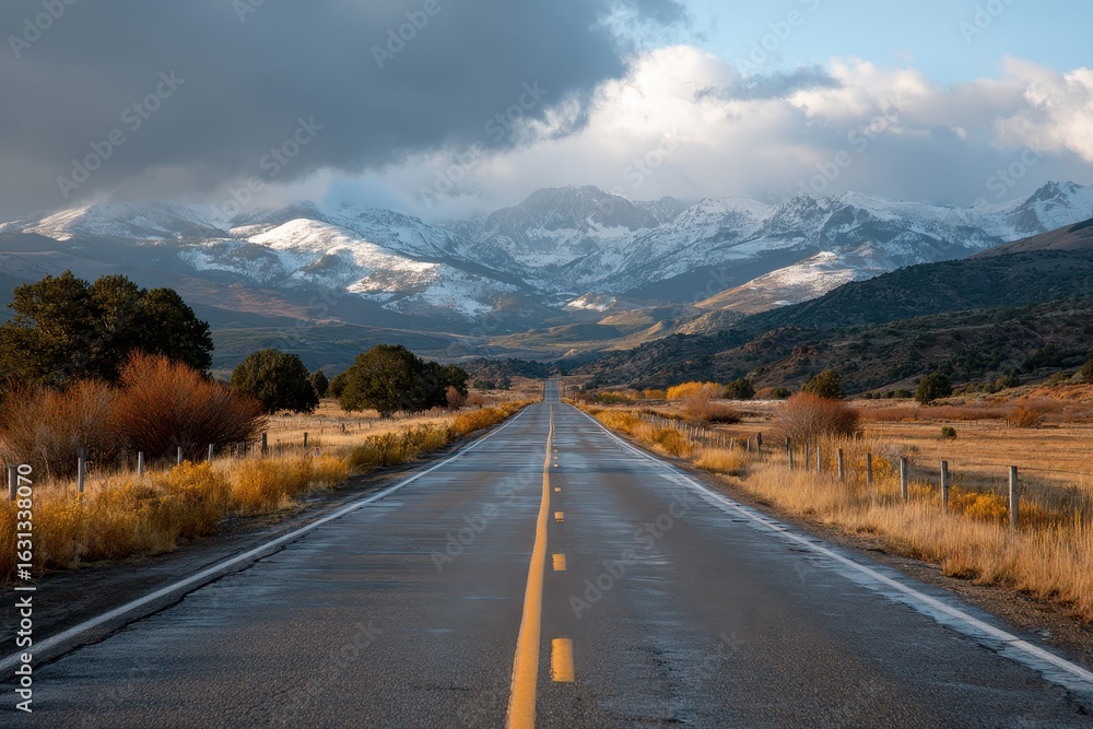 Naklejka premium Long straight road stretches toward snowy mountains under a dramatic sky with patches of sunlight illuminating the landscape in the late afternoon