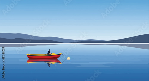 Man in red boat on lake, with mountains. Illustrative. Dreamy escape