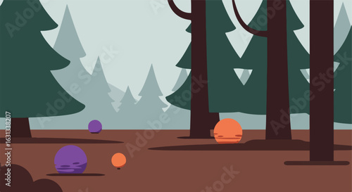 Forest scene with glowing orbs on misty ground, trees in the background, digital art