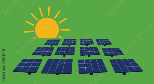 Solar panels absorb sunlight on green plain, promoting alternative energy usage