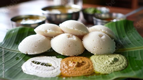 Many Idli idly sambar coconut chutney , tomato chutney serving breakfast vegetarian food South Indian restaurant Kerala Tamil Nadu India Sri Lanka banana leaf 4K slow motion video. steamed rice cakes