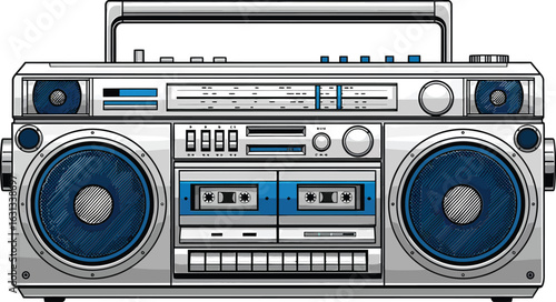 Retro Y2K boombox ghetto blaster with dual cassette deck vector art.