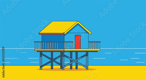 Cartoon beach hut on stilts with ocean backdrop, ideal for seaside vacation ads