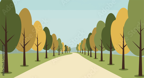 Autumn scenic drive with tree lined roadway background for travel marketing