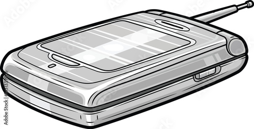 Vintage Y2K clamshell mobile phone illustration, a retro flip cell phone with an antenna