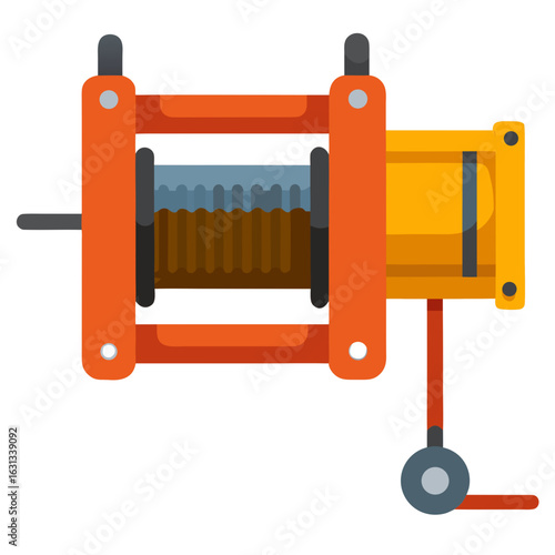 Orange and yellow industrial winch with cable