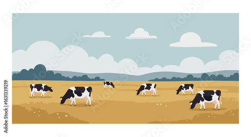Cows grazing in field, hills in background. Ideal for farming, rural lifestyle ads