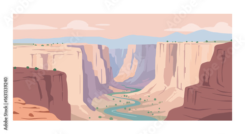 Desert canyon landscape art. River flowing past cliffs under a cloudy sky image