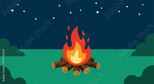 Camping Lit Campfire in Nature Scene under Starry Night Sky, for outdoor recreation