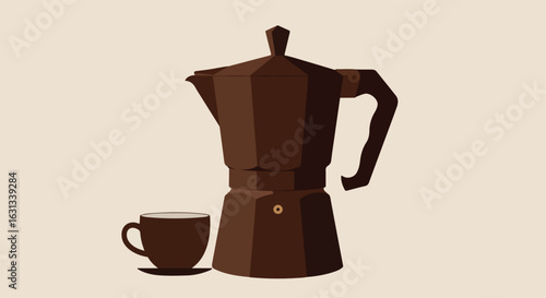 Coffee brewing Espresso pot next to cup against plain wall for a clean background